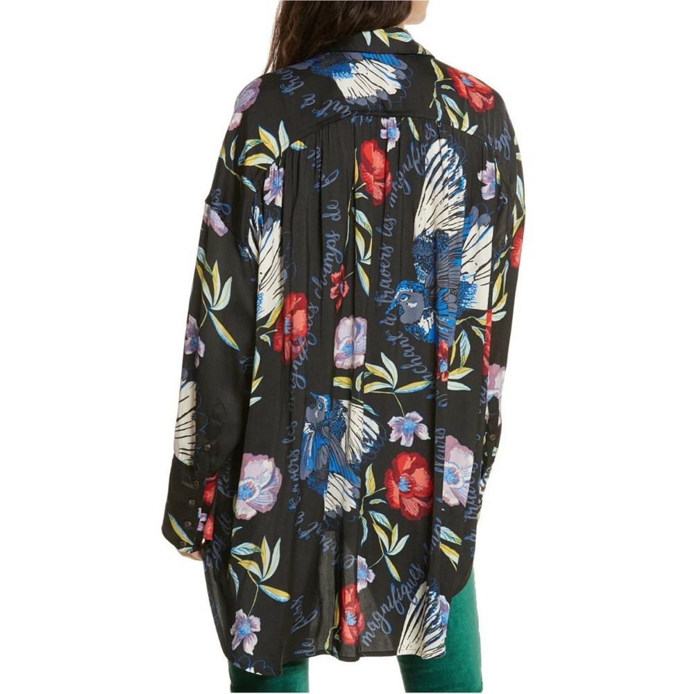 Free People Silky Nights Floral birds whimsical Black M oversized hi lo blouse - Picture 2 of 11